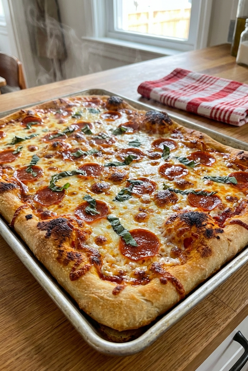 A baked sheet pan pizza with browned cheese bubbles and a soft risen crust, just out of the oven