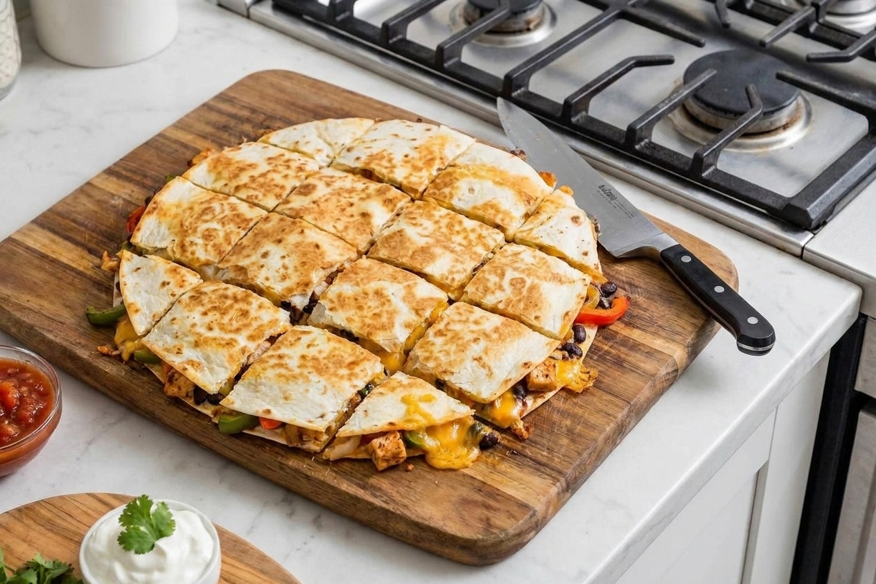 A baked sheet pan quesadilla resting on a cutting board, sliced into even squares with melted cheese and chicken filling visible