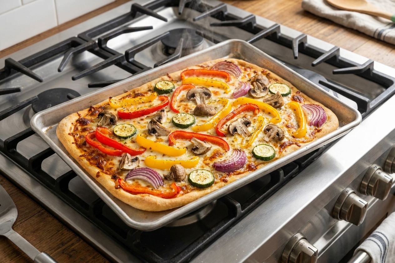 A baked sheet pan vegetable pizza with browned mozzarella and roasted vegetables, still in the pan on a stovetop