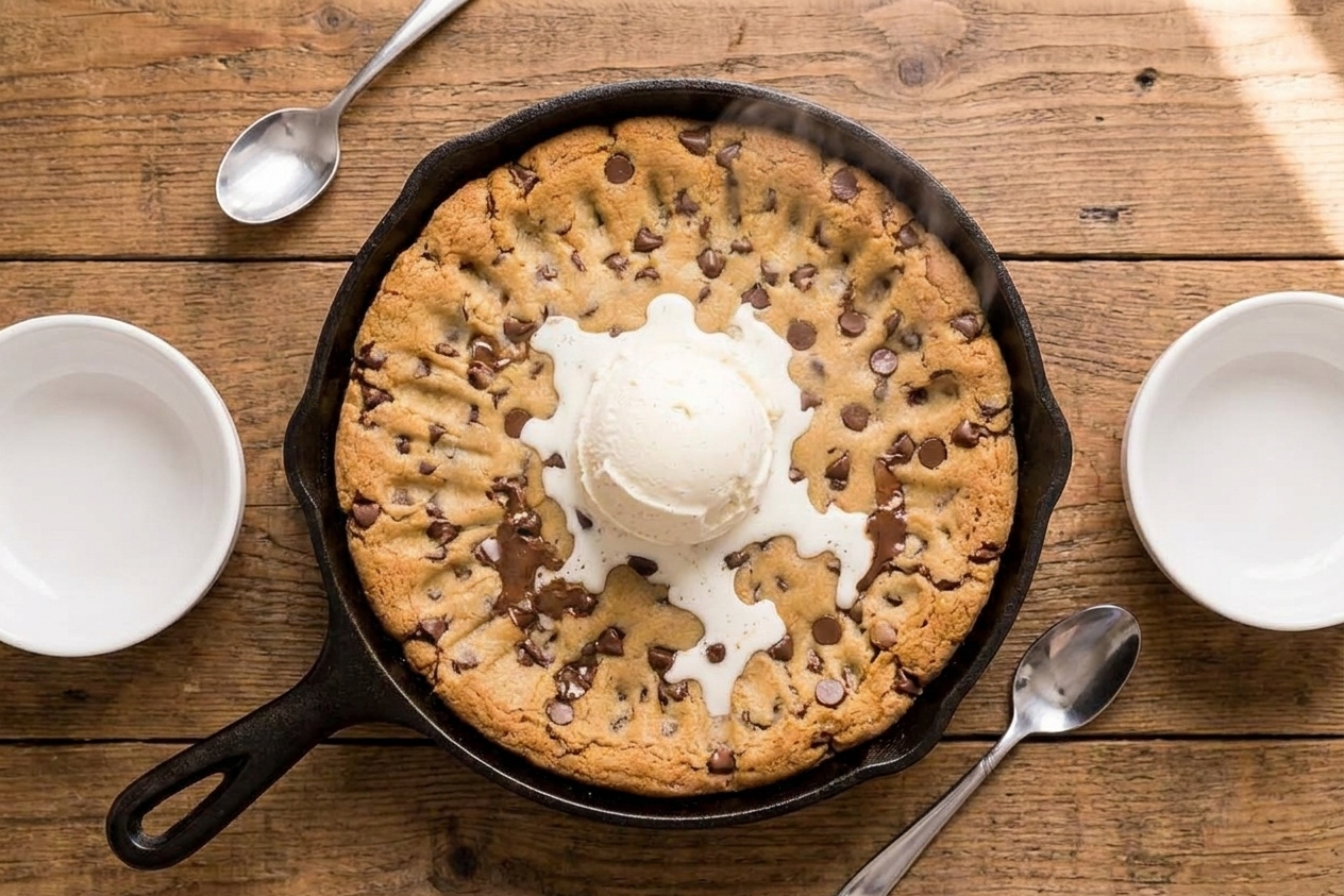 A baked skillet pizookie on a wooden table with melted vanilla ice cream on top and small bowls and spoons set for sharing