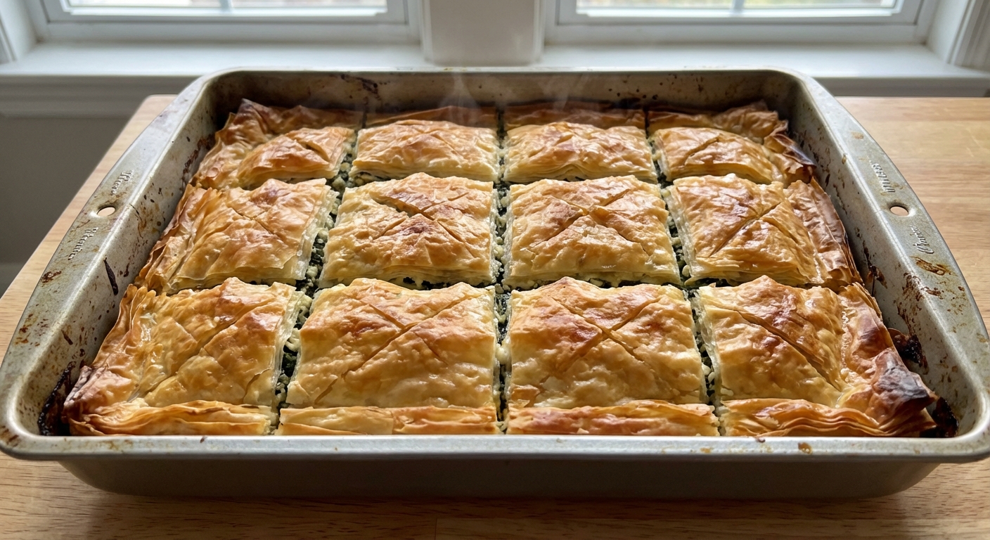 A baked spanakopita in a 9x13-inch pan with a golden flaky top, scored into squares