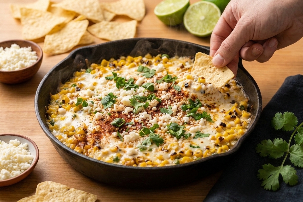A baked street corn dip in an oven-safe skillet, lightly browned on top with cotija and cilantro ready to garnish