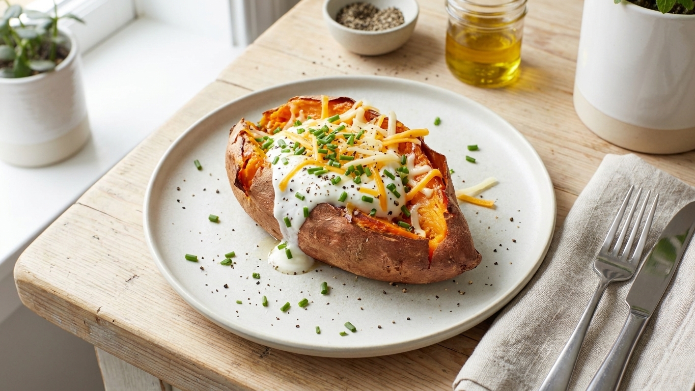 A baked sweet potato on a plate topped with Greek yogurt, chopped chives, shredded cheese, and black pepper on a cozy kitchen table