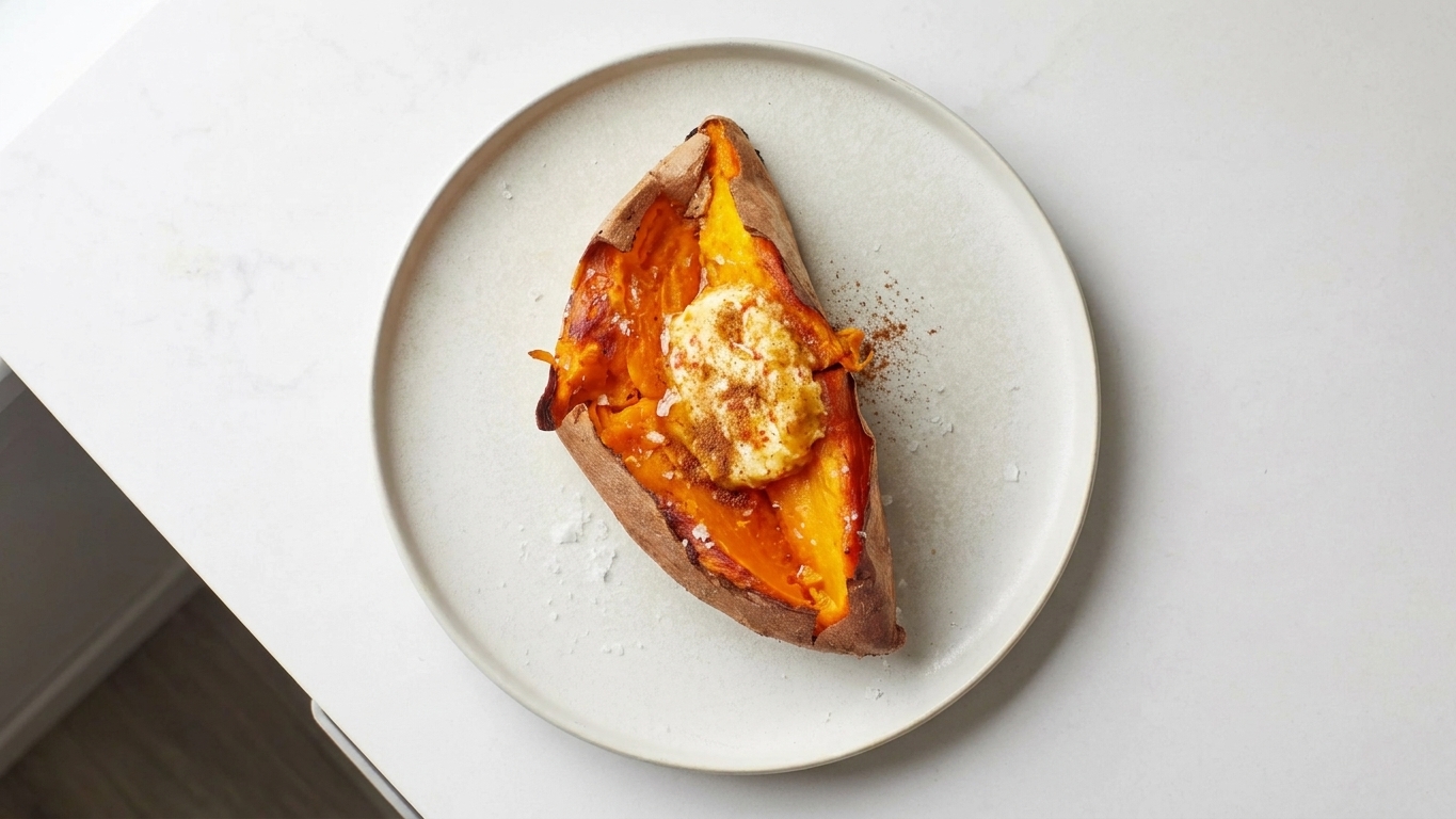 A baked sweet potato split open with the inside fluffed and a pat of cinnamon honey butter melting into the center on a plate