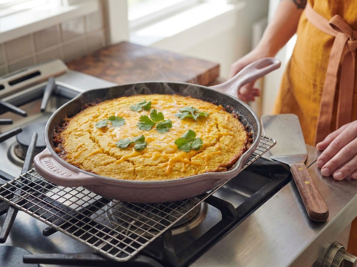 A baked tamale pie with a deeply golden cornbread top and melted cheese, resting on a stovetop with a spatula nearby