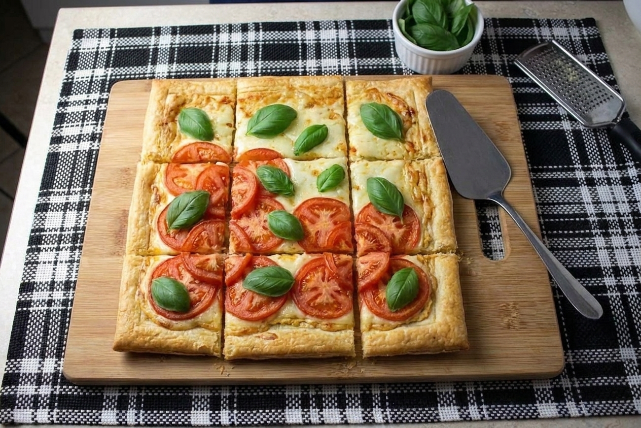 A baked tomato tart sliced into squares on a cutting board with fresh basil scattered on top and a serving spatula nearby