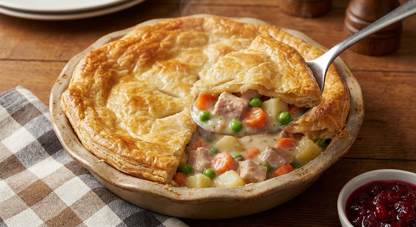 A baked turkey pot pie with a puff pastry top being scooped with a large spoon, showing creamy turkey and vegetables