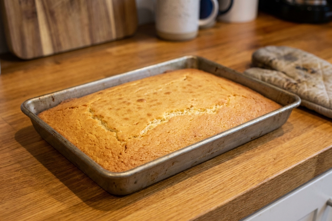 A baked vanilla sheet cake cooling in a metal pan on a wooden kitchen counter