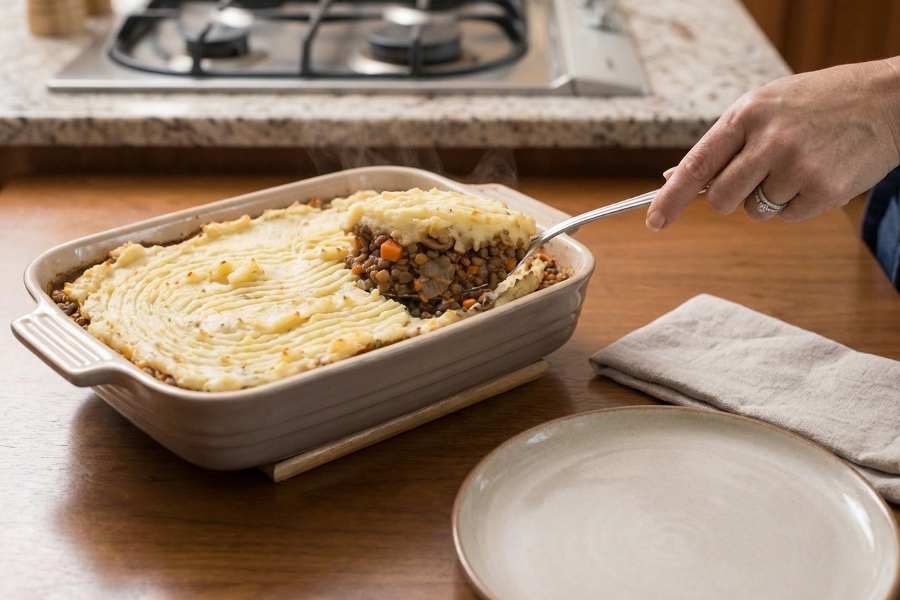 A baked vegan shepherd's pie in a ceramic baking dish with golden browned potato peaks and a spoon scooping out a serving on a cozy kitchen table