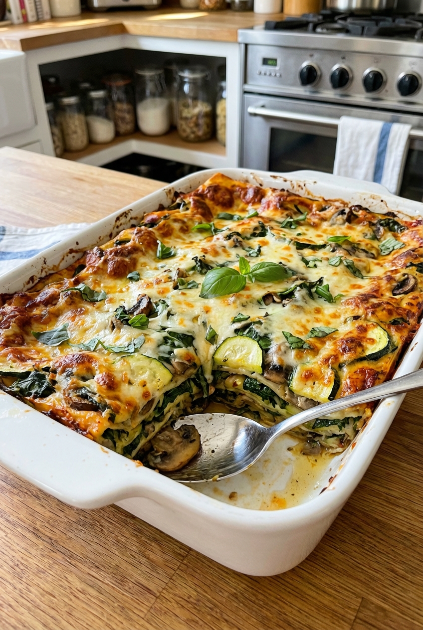 A baked vegetable lasagna resting on a counter with a serving spoon nearby