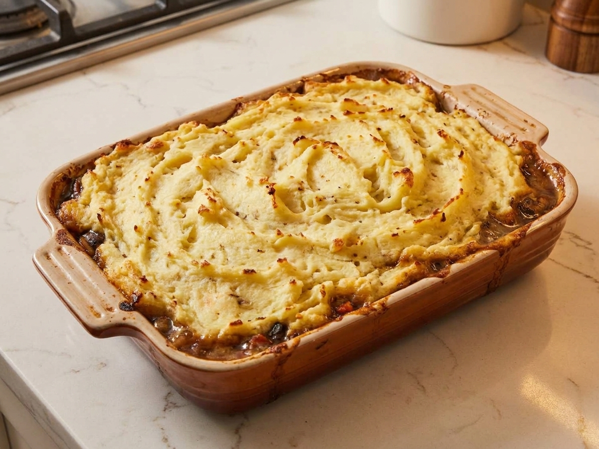 A baked vegetarian shepherd’s pie in a ceramic baking dish with golden mashed potato peaks and bubbling edges on a light kitchen counter
