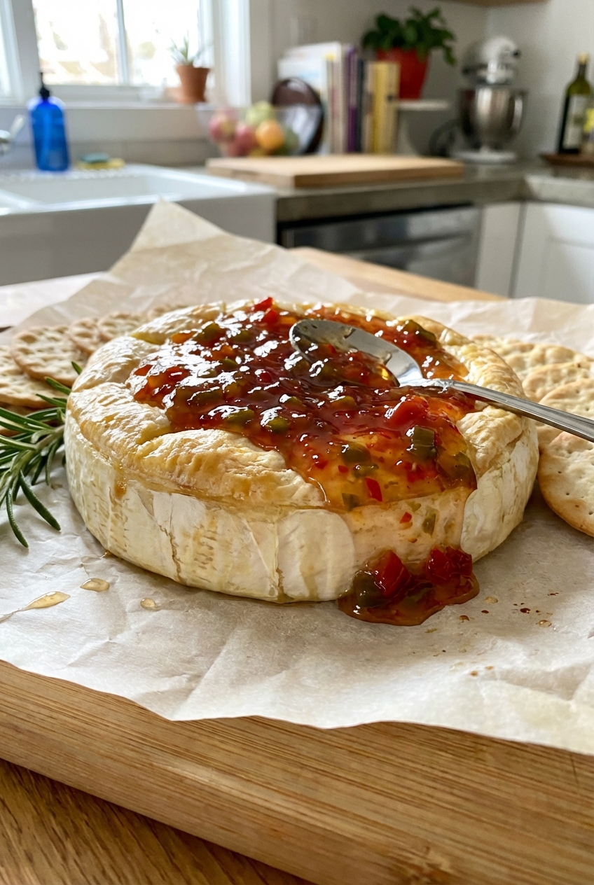 A baked wheel of brie with pepper jelly spooned over the top on parchment