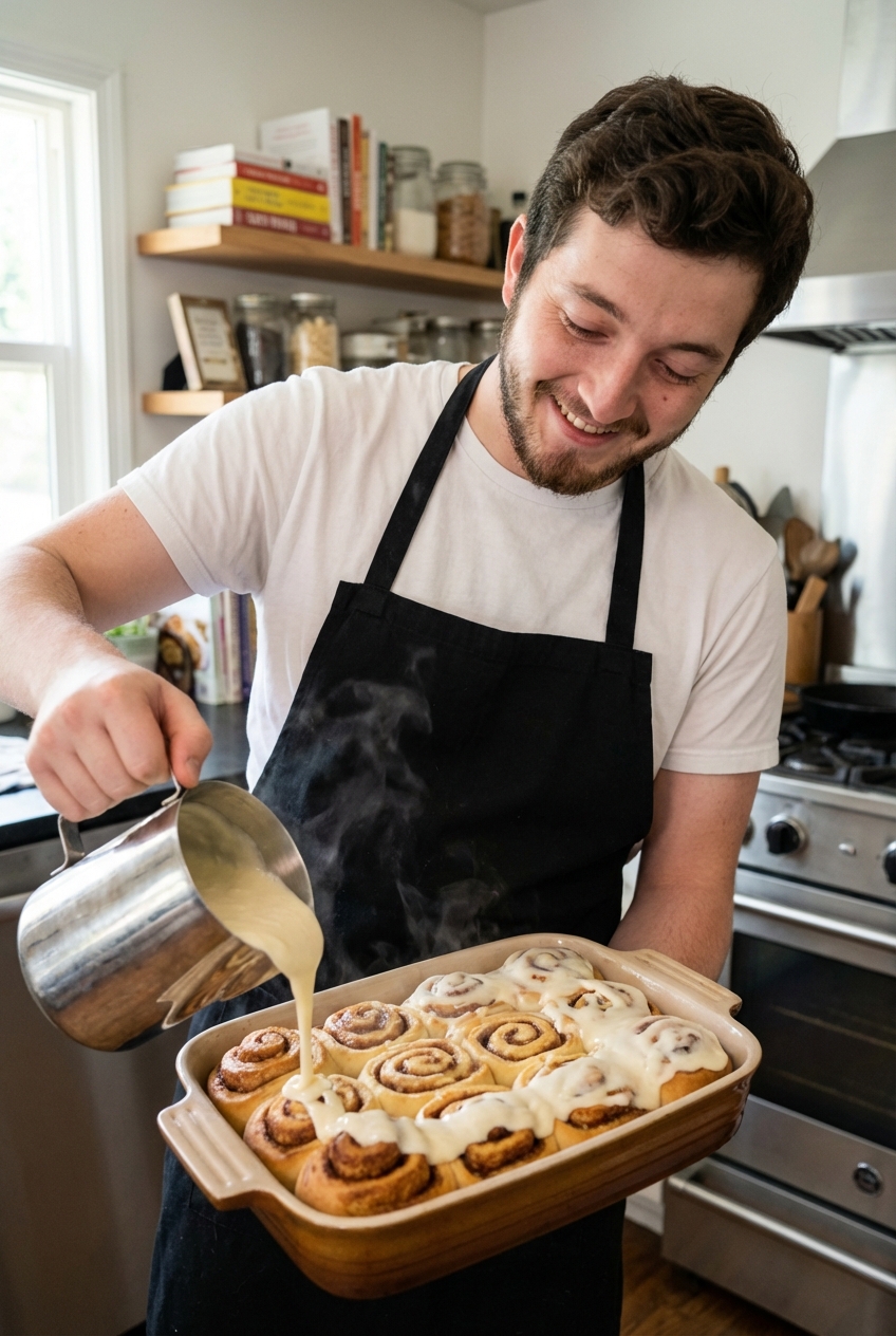 A baker pouring cream cheese glaze over warm cinnamon rolls in a baking dish