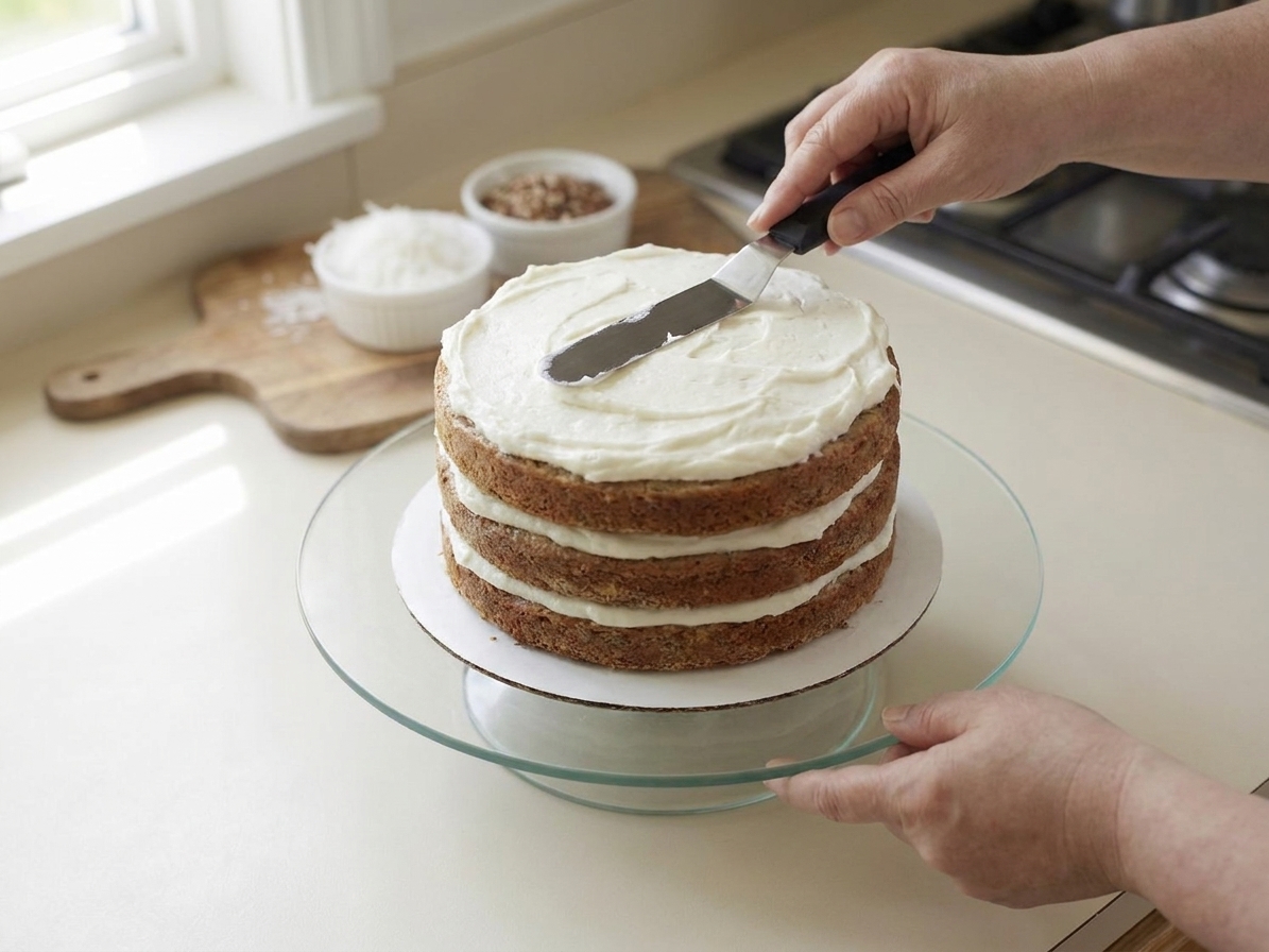A baker using an offset spatula to spread cream cheese frosting over a stacked three-layer cake