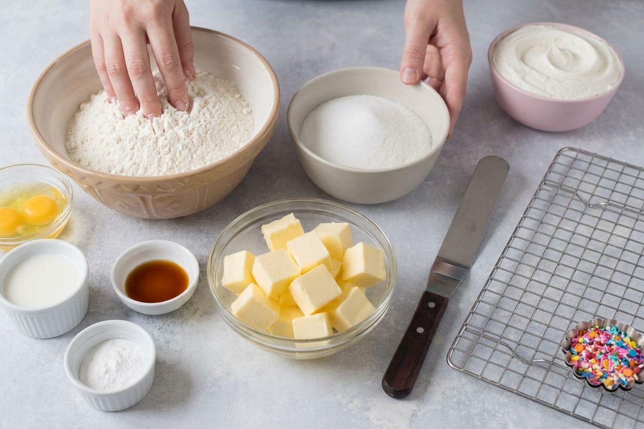 A baking counter with flour, sugar, eggs, butter, milk, vanilla, and baking powder measured in bowls, ready to make vanilla sheet cake