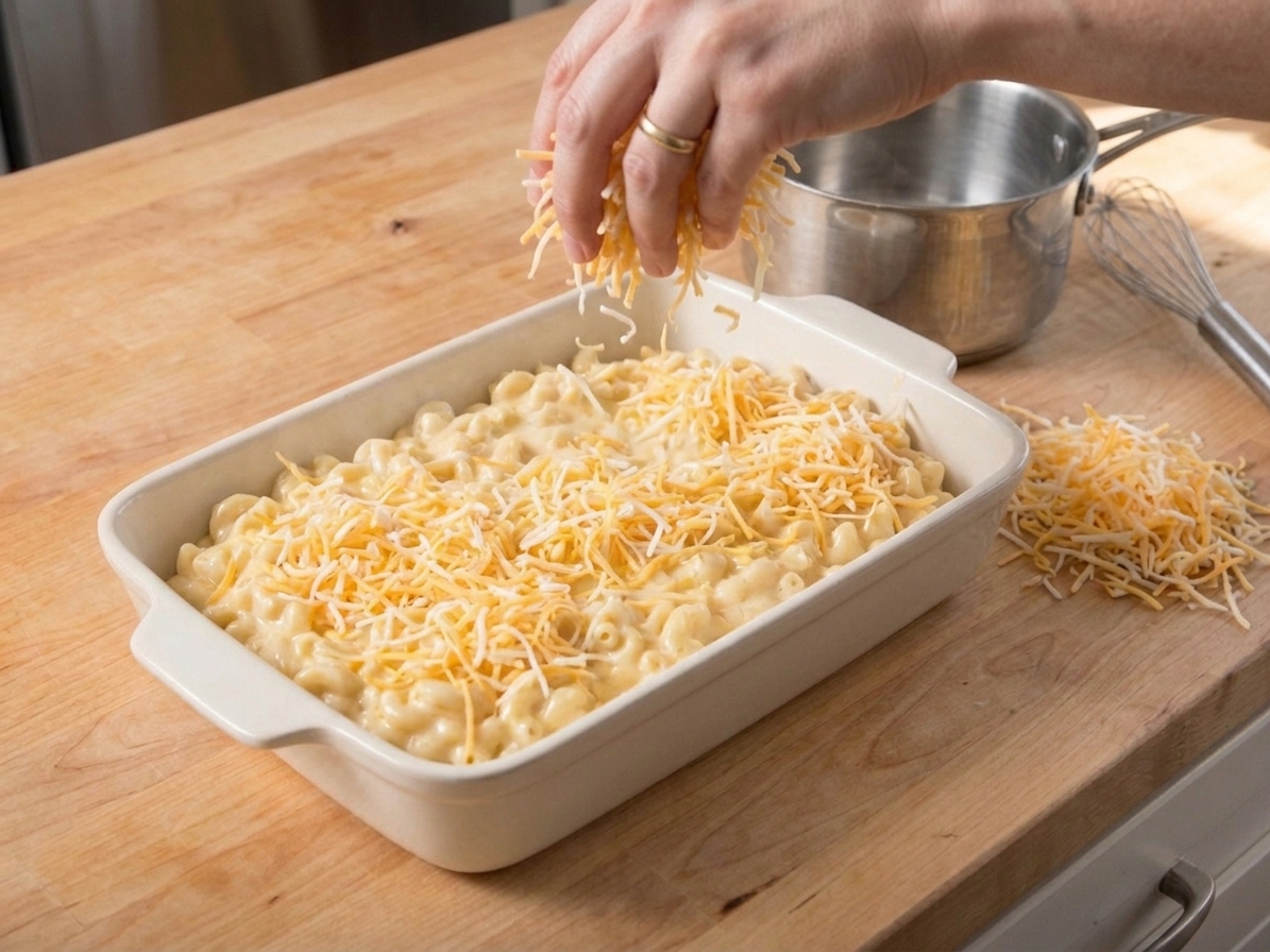 A baking dish being filled with creamy macaroni while shredded cheese is sprinkled in an even layer