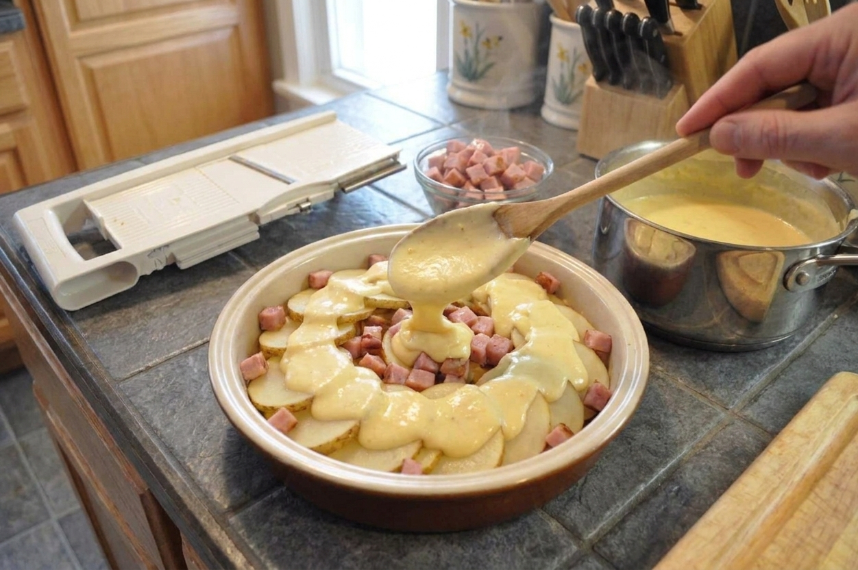 A baking dish being filled with layers of sliced potatoes and diced ham as creamy sauce is spooned over