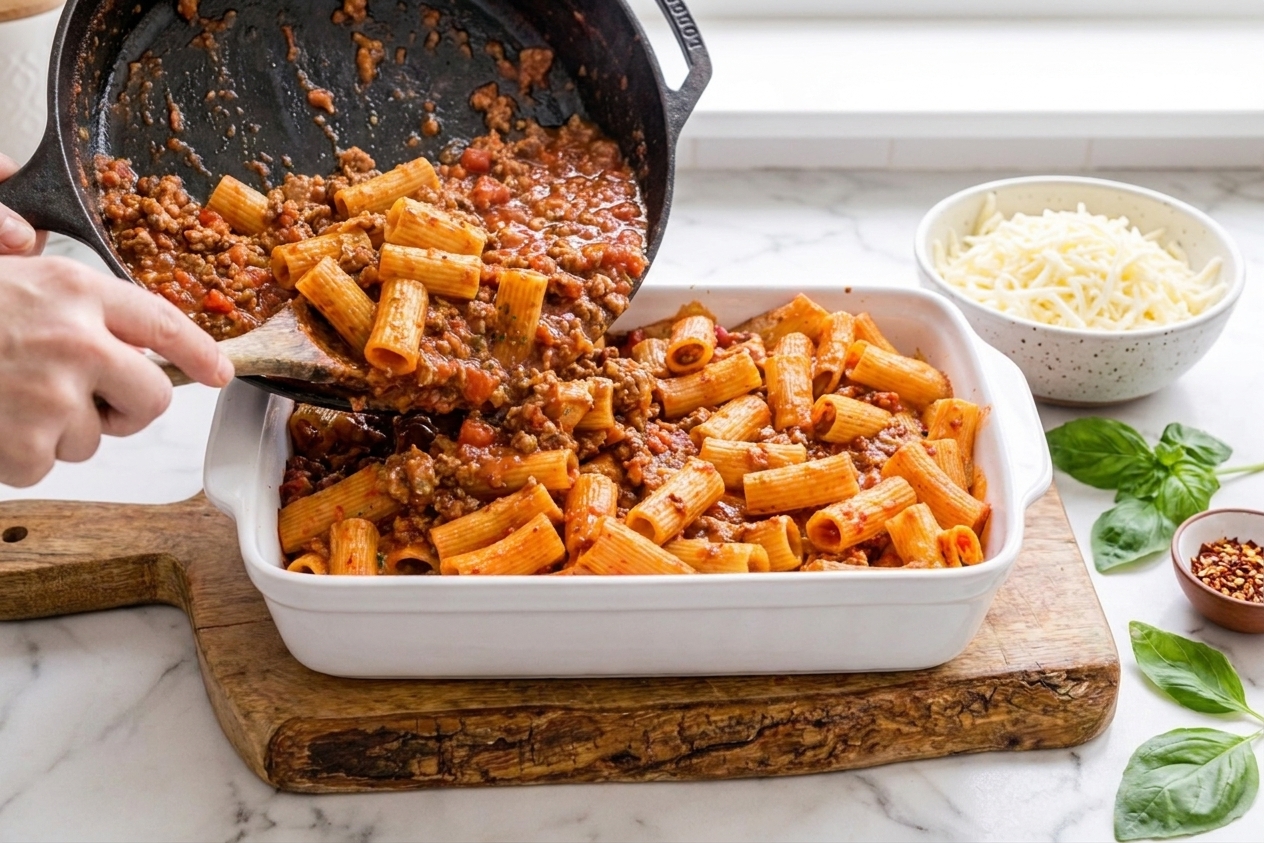 A baking dish being filled with sauced rigatoni on a kitchen counter, with a bowl of ricotta mixture and shredded mozzarella nearby