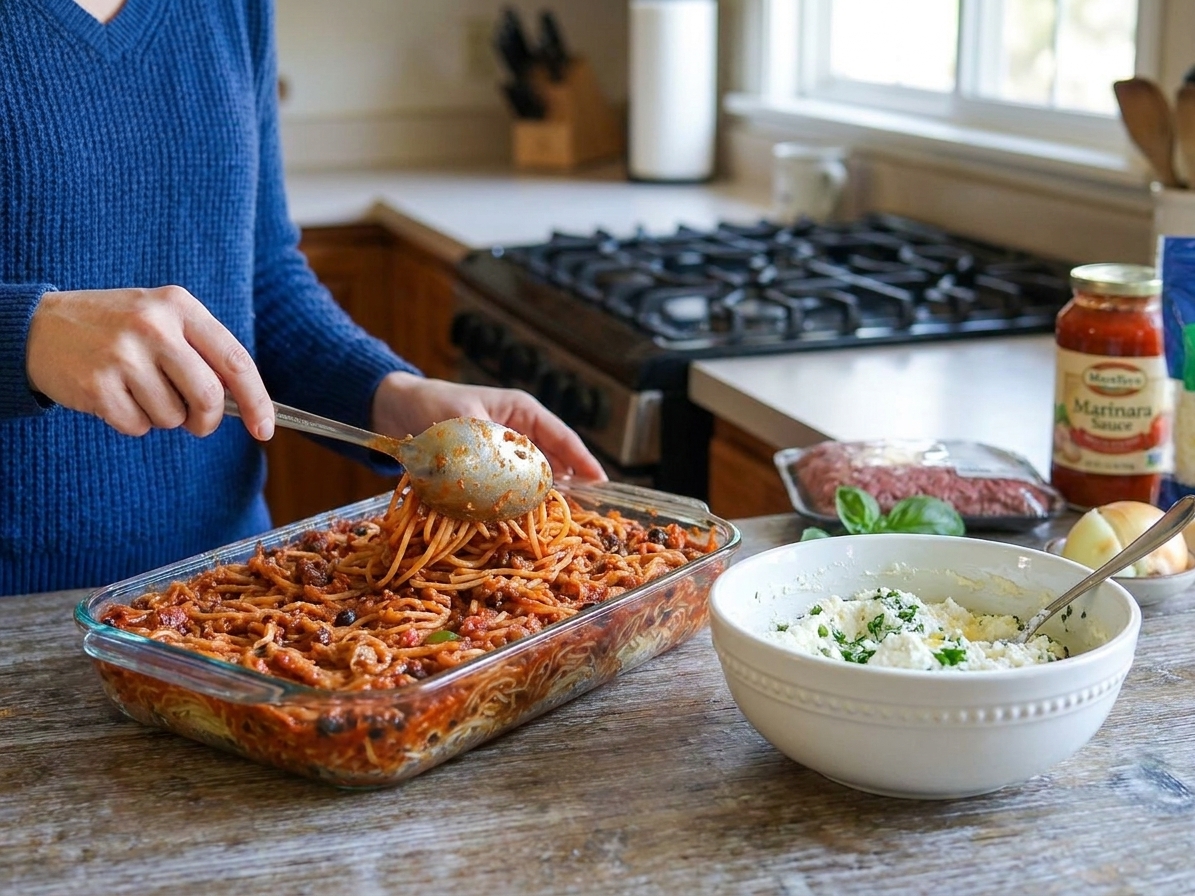 A baking dish being filled with sauced spaghetti in layers, with a bowl of ricotta mixture nearby on the counter