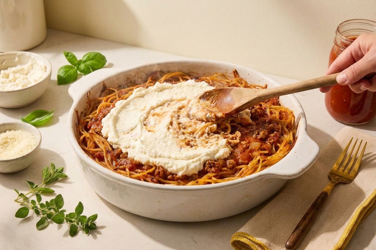 A baking dish being filled with sauced spaghetti while a spoon spreads a creamy ricotta layer over the noodles