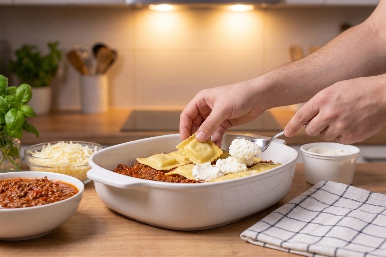 A baking dish being layered with cheese ravioli, spoonfuls of ricotta, and meat sauce on a kitchen counter