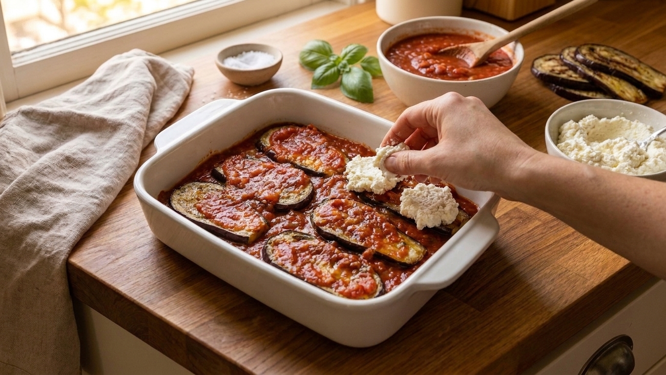 A baking dish being layered with roasted eggplant slices, tomato sauce, and ricotta mixture on a warm kitchen counter