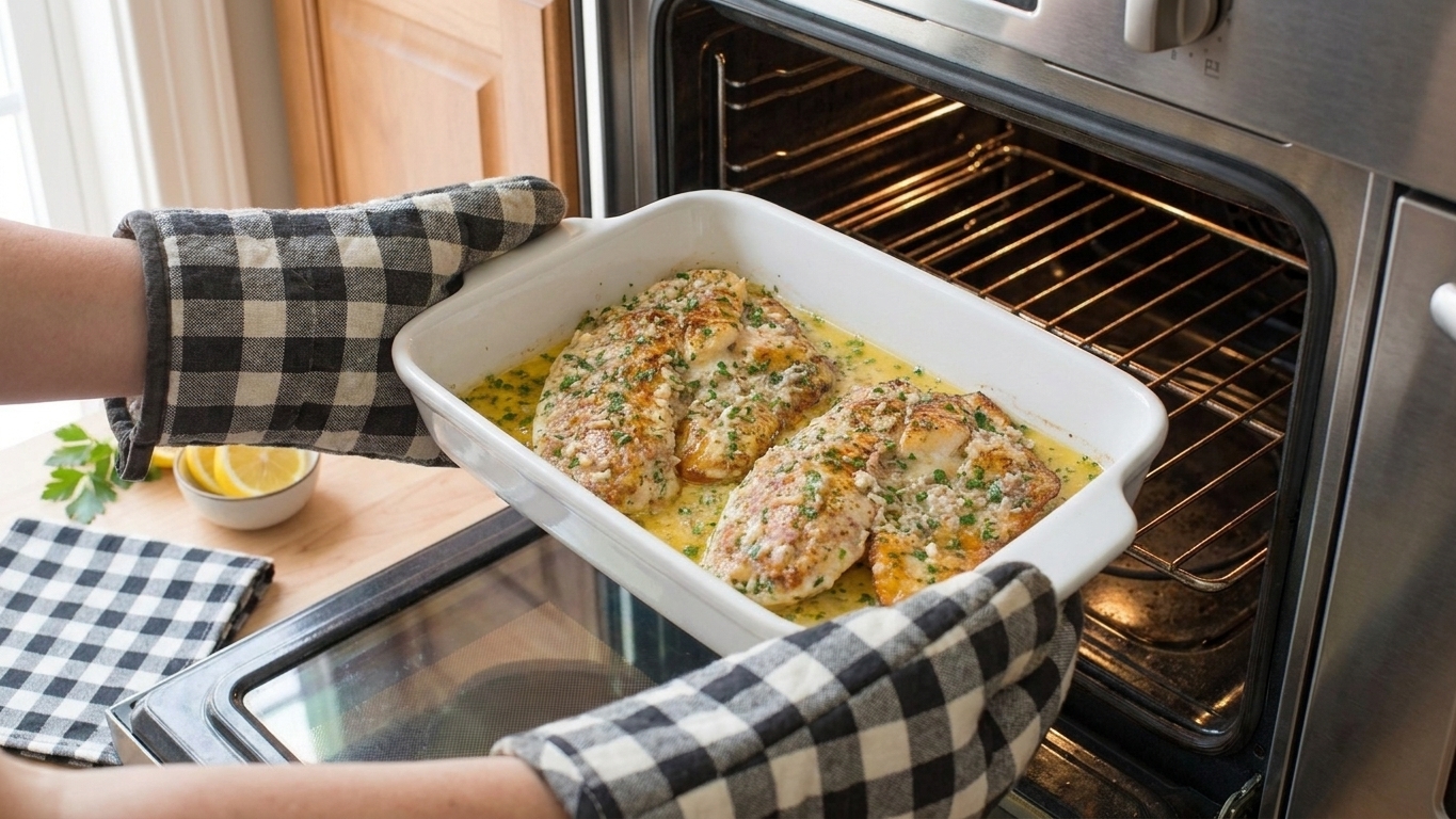 A baking dish being slid into an oven with tilapia fillets coated in melted garlic butter