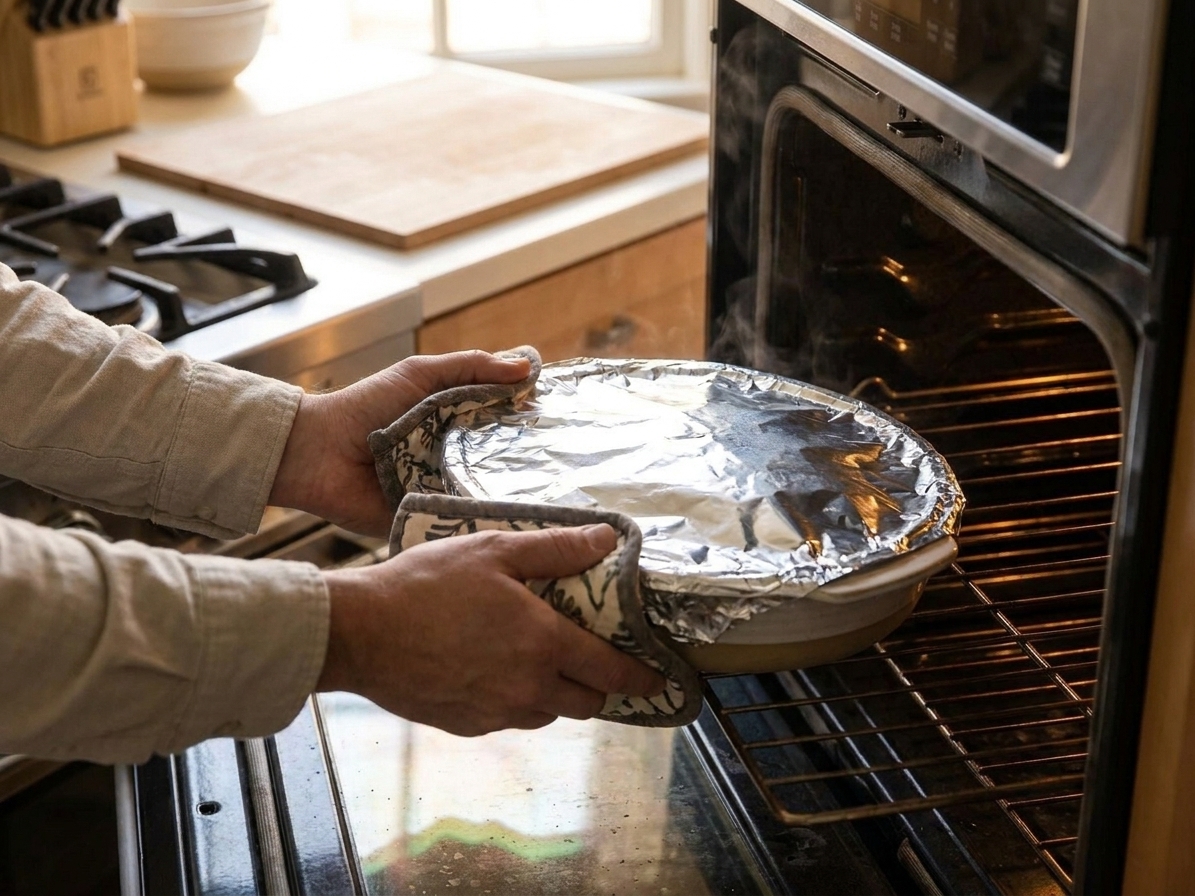 A baking dish covered with foil being placed into an oven, hands holding the dish in a warm kitchen