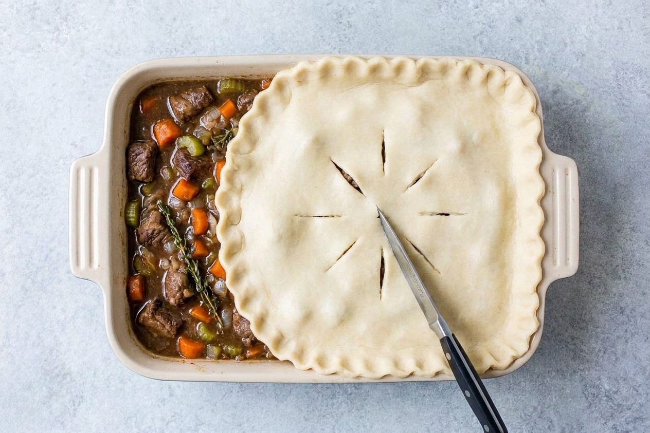 A baking dish filled with beef pot pie filling with an unbaked pie crust laid over the top and vents cut with a knife