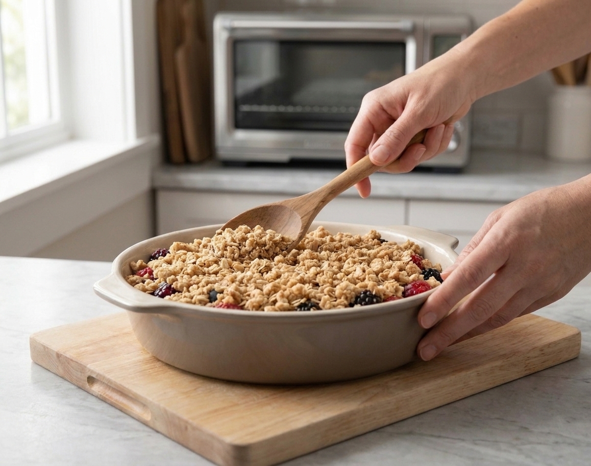 A baking dish filled with berries being covered with an even layer of oat crumble topping
