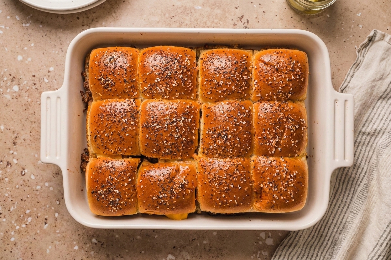A baking dish filled with cheeseburger sliders on soft rolls, topped with glossy melted butter and sesame seeds, with browned edges and melty cheese visible between layers, on a warm-toned kitchen counter