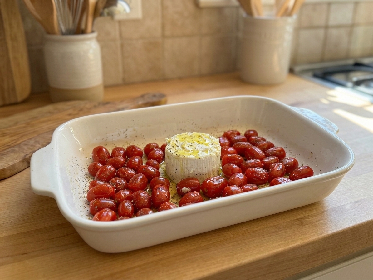 A baking dish filled with cherry tomatoes and smashed garlic surrounding a block of garlic herb cheese, drizzled with olive oil on a kitchen counter