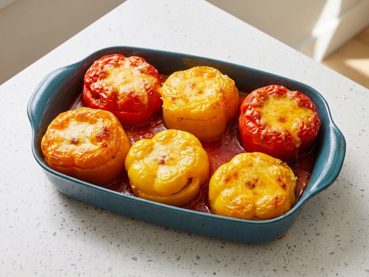 A baking dish filled with colorful stuffed bell peppers topped with melted cheese, sitting on a light stone kitchen counter with warm natural light