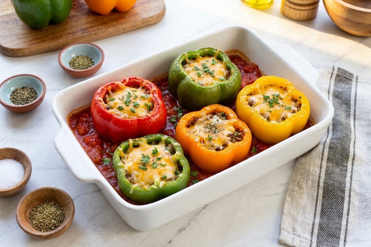 A baking dish filled with colorful stuffed capsicums nestled in tomato sauce, topped with melted cheese, on a warm-lit kitchen counter