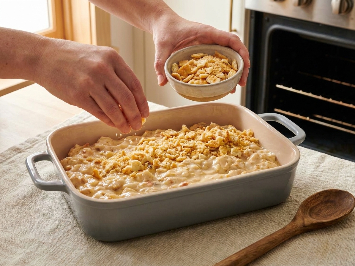 A baking dish filled with creamy chicken mixture being topped with crushed buttery crackers before going into the oven