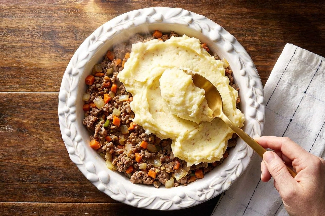A baking dish filled with savory meat mixture as mashed potatoes are spooned over the top and spread to the edges