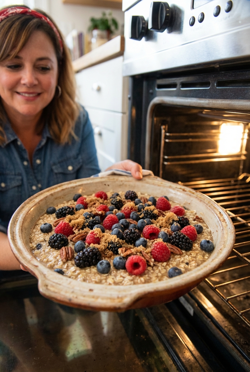 A baking dish filled with uncooked oatmeal mixture topped with berries, ready to go into the oven