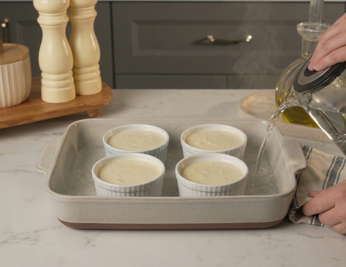 A baking dish holding four white ramekins, set up in a pan for a hot water bath before baking