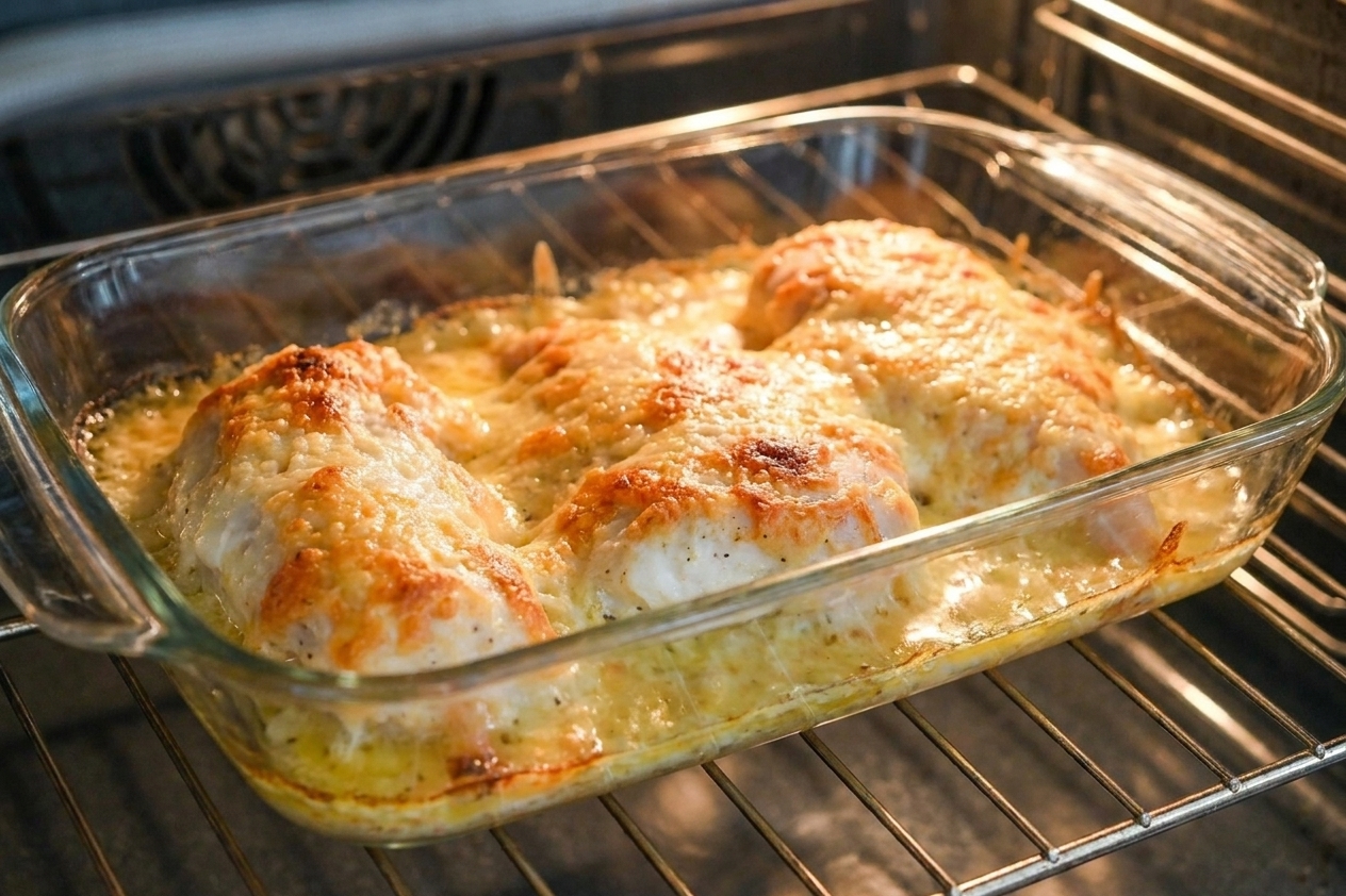A baking dish in an oven with chicken breasts topped with a golden creamy Parmesan crust, mid-bake with gentle bubbling around the edges