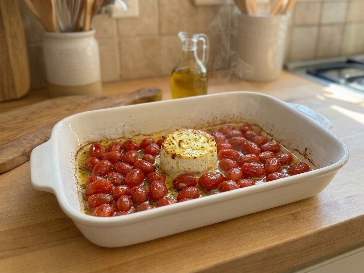 A baking dish just out of the oven with burst cherry tomatoes and softened garlic herb cheese, lightly browned on top
