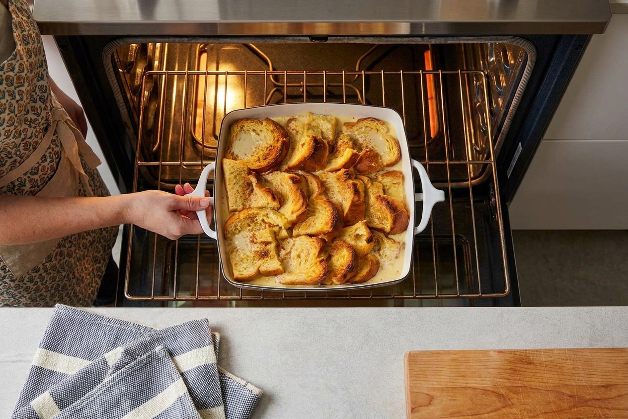 A baking dish of French toast casserole being placed into a preheated oven with warm kitchen lighting