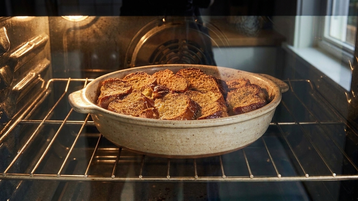 A baking dish of French toast casserole on the middle rack of an oven, top turning golden brown