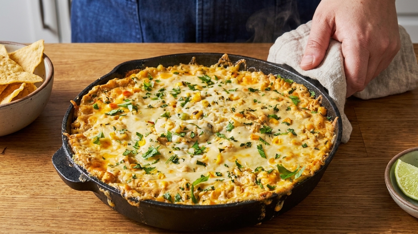 A baking dish of Mexican corn dip fresh from the oven with bubbling melted cheese and lightly browned edges