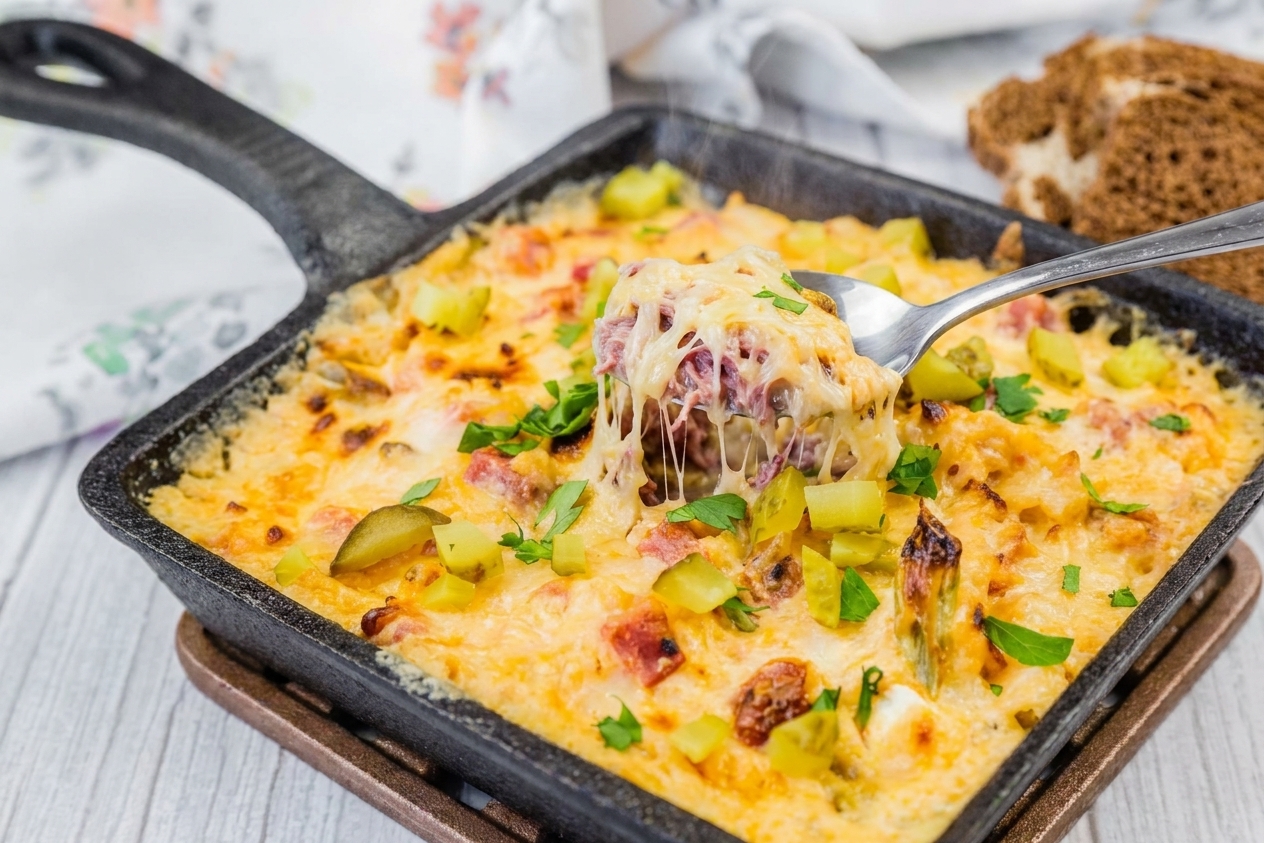 A baking dish of Reuben dip fresh from the oven with bubbling edges, melted Swiss cheese on top, and a spoon ready for scooping