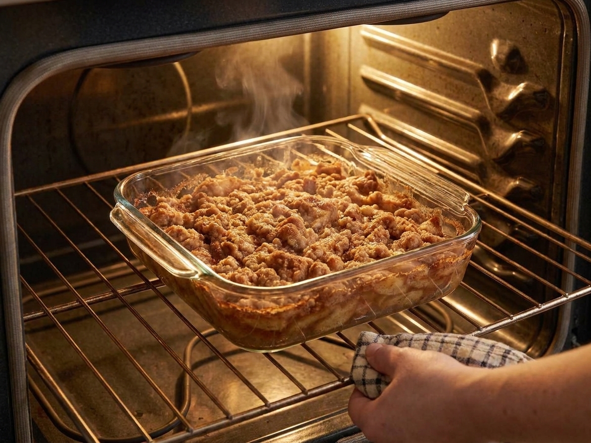 A baking dish of apple crisp on an oven rack with the topping turning golden as it bakes