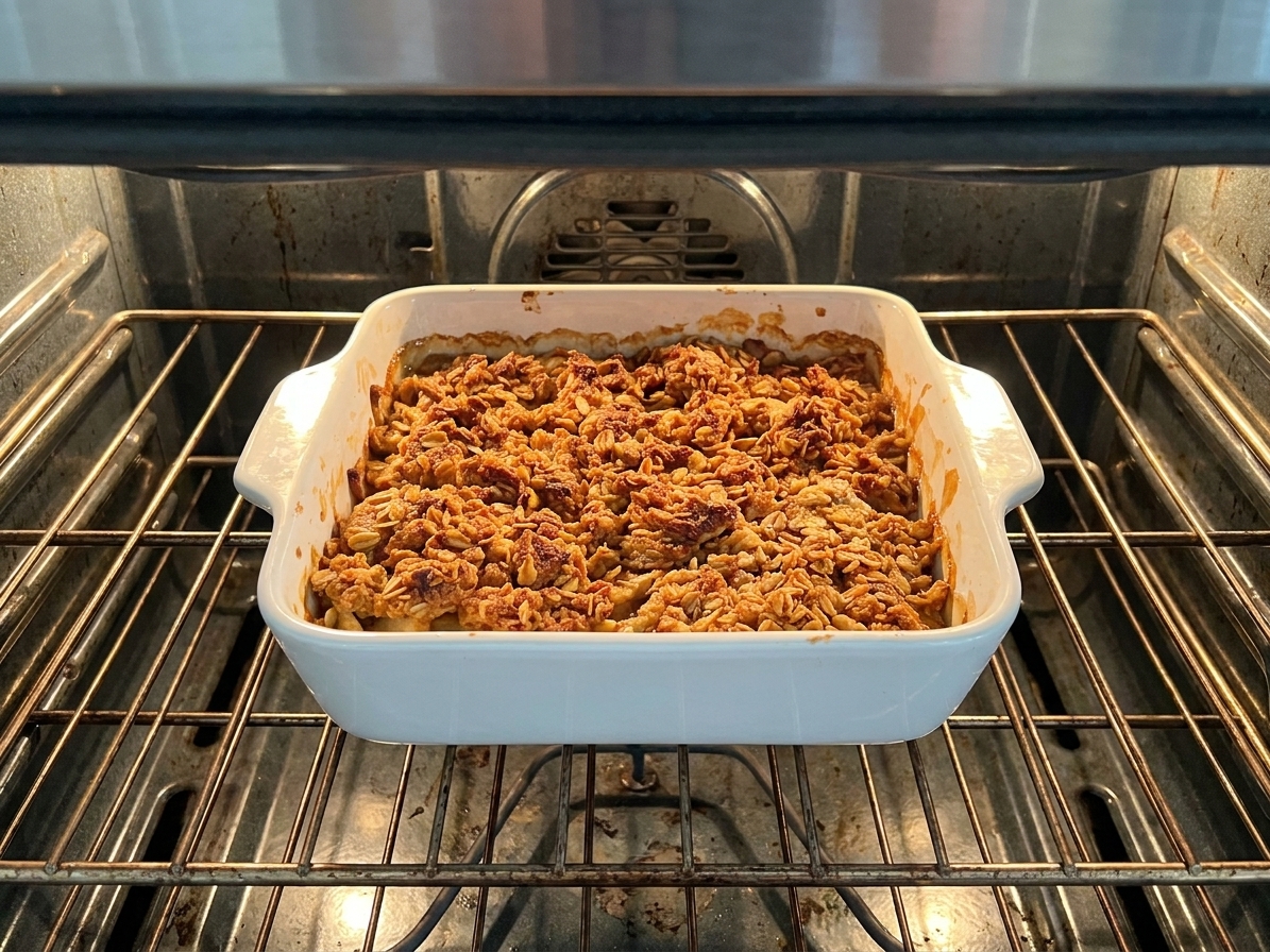 A baking dish of apple crumble on the middle oven rack with the topping turning golden brown