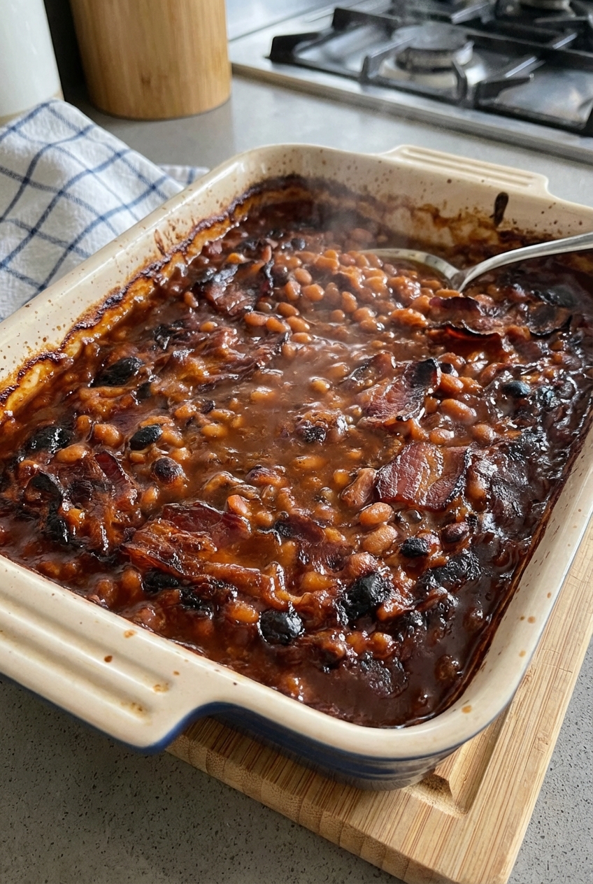 A baking dish of baked beans fresh from the oven with bubbling sauce and caramelized edges