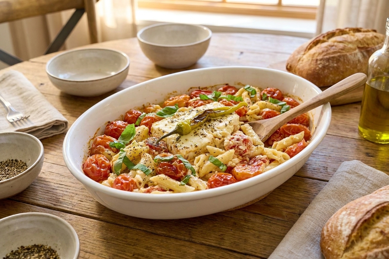 A baking dish of baked feta pasta with burst cherry tomatoes and basil, served family-style on a wooden table with warm natural light