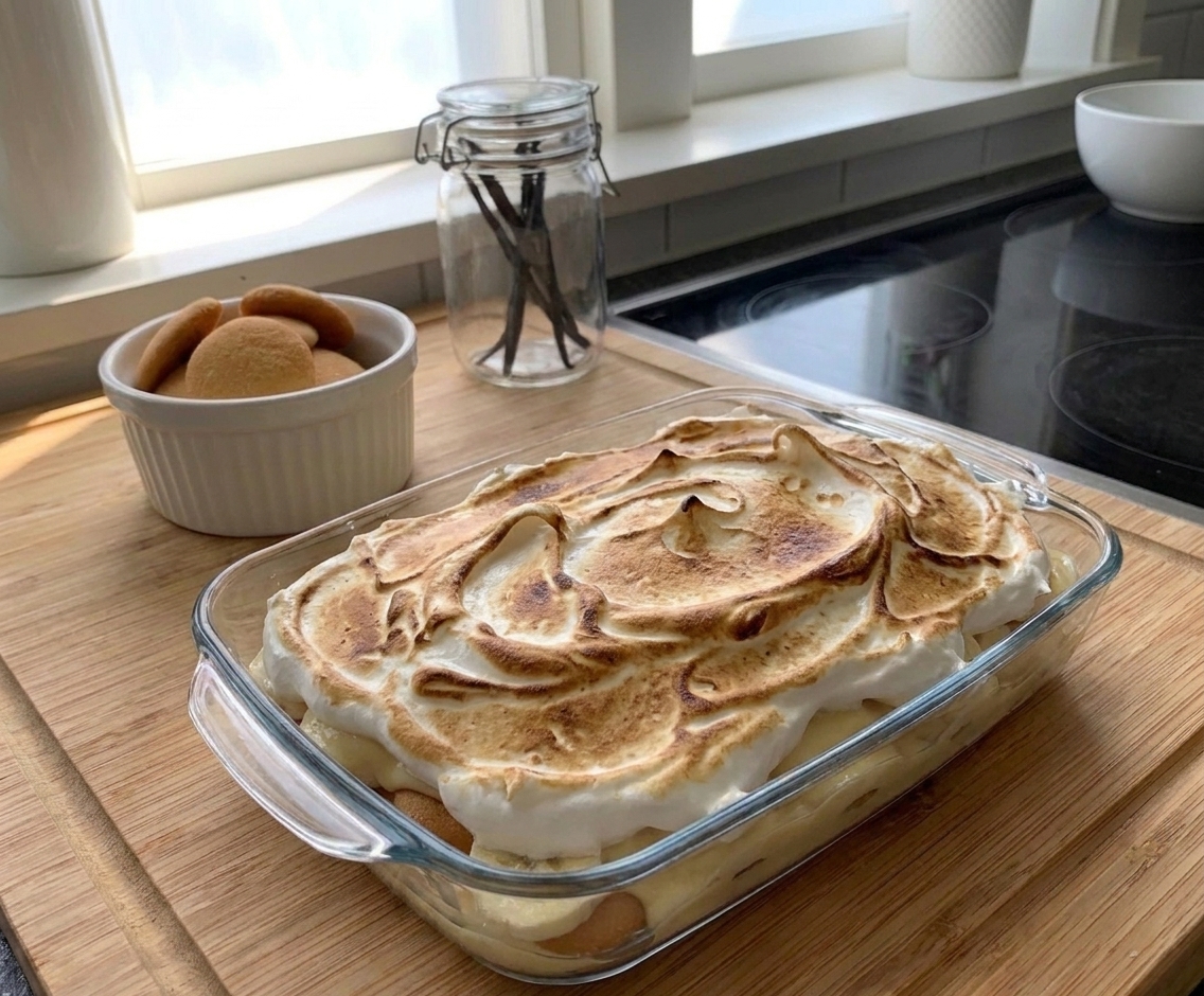 A baking dish of banana pudding with meringue browned on top, sitting on a wooden table