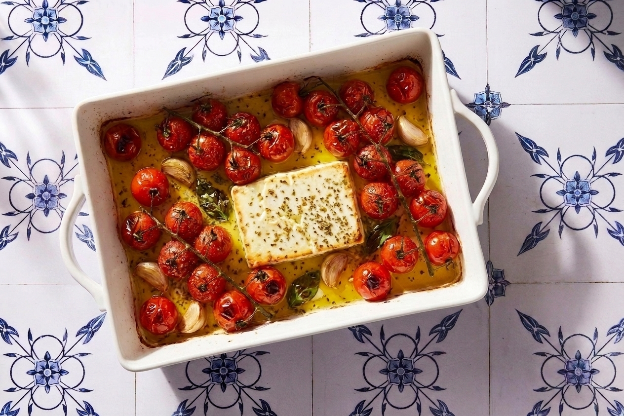 A baking dish of blistered cherry tomatoes surrounding a softened block of feta with garlic cloves and olive oil